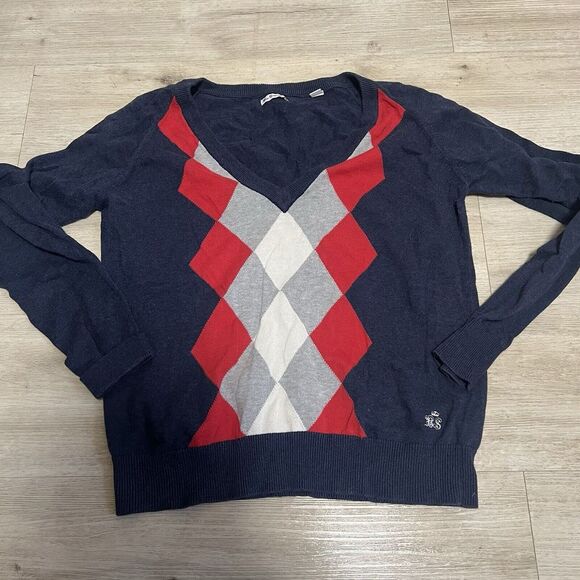 Ben Sherman Women Size XL V Neck Argyle Sweater Blue Vtg‎ Punk Oi! Skinhead Vtg - Picture 1 of 8